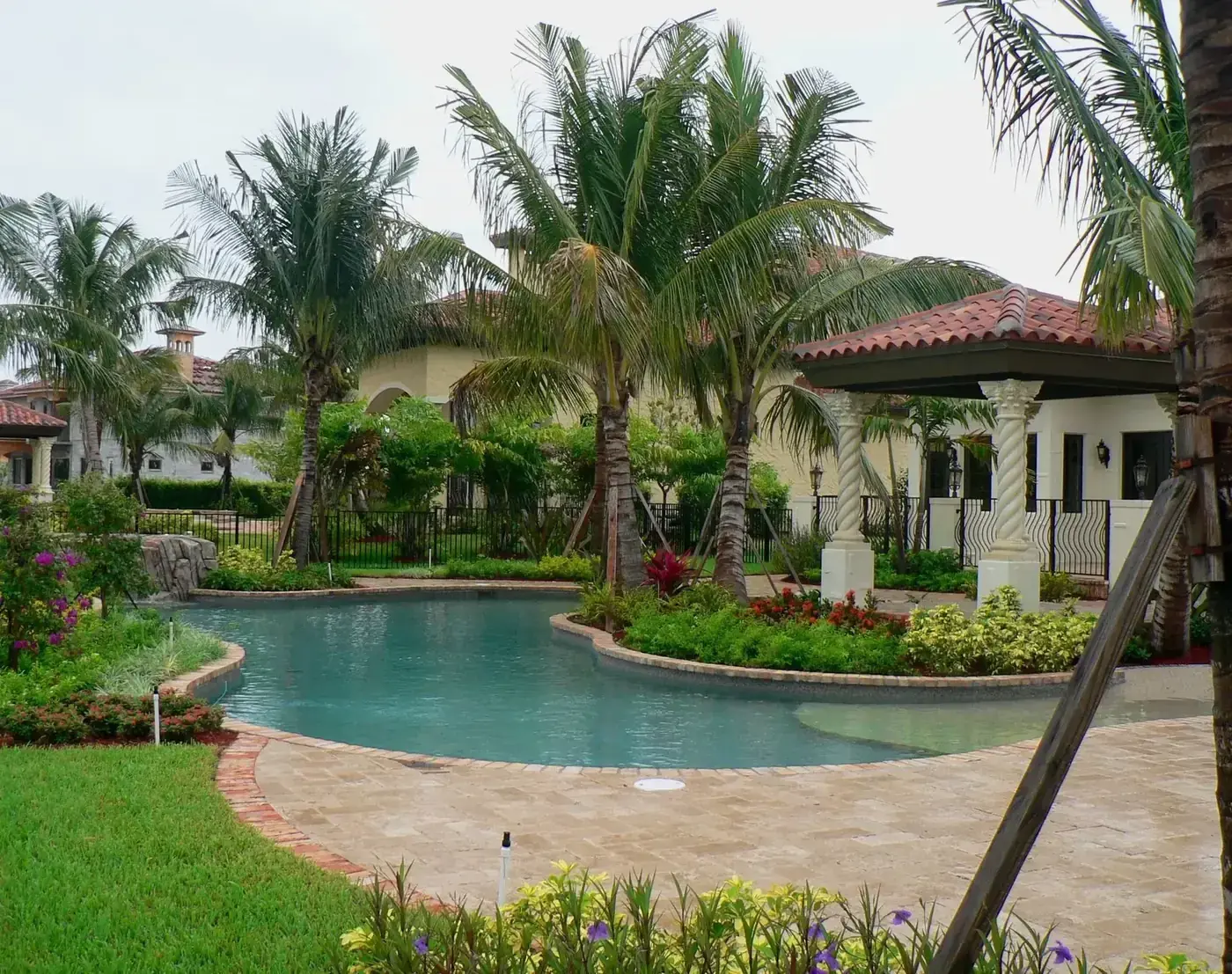Freeform pool with tropical planting and outdoor lounge
